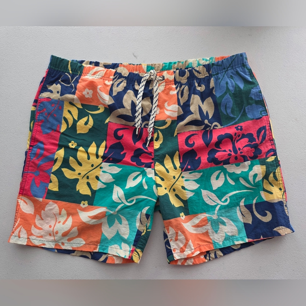 Vibrant Retro Y2K Tropical Patchwork Floral Swim Trunks - Dopamine Dressing